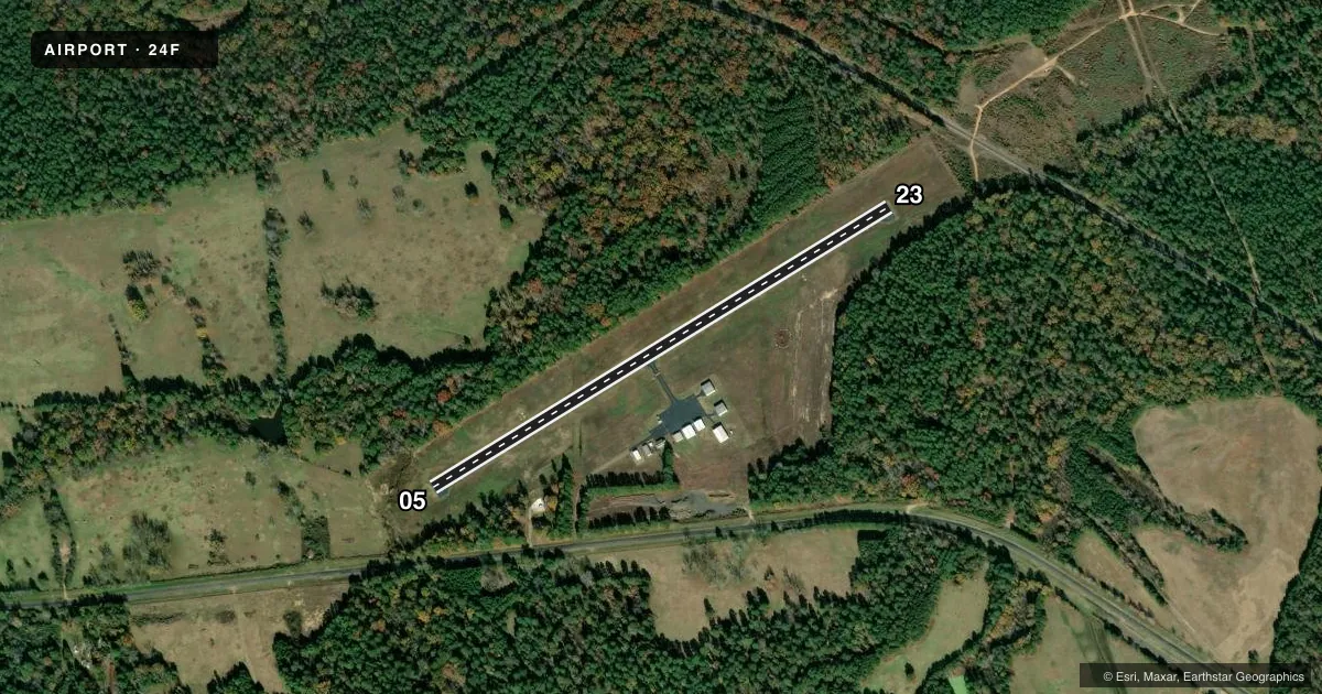 Top-down satellite sketch of 24F CYPRESS RIVER in JEFFERSON, TEXAS, showing runways 05/23 drawn to scale over Esri World Imagery