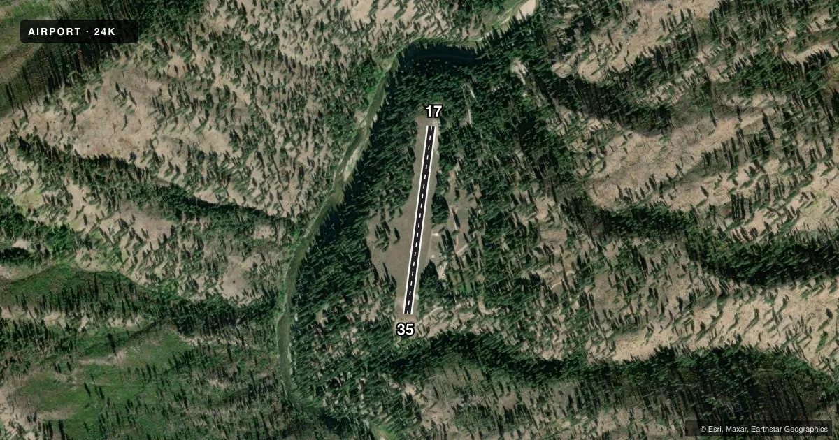 Top-down satellite sketch of 24K KRASSEL USFS in MC CALL, IDAHO, showing runways 17/35 drawn to scale over Esri World Imagery