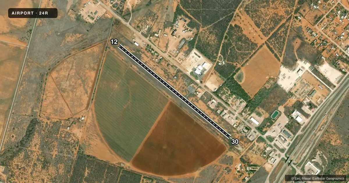 Top-down satellite sketch of 24R DILLEY AIRPARK in DILLEY, TEXAS, showing runways 12/30 drawn to scale over Esri World Imagery