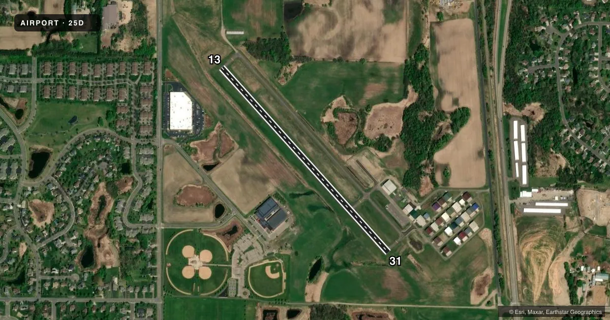 Top-down satellite sketch of 25D FOREST LAKE in FOREST LAKE, MINNESOTA, showing runways 13/31 drawn to scale over Esri World Imagery