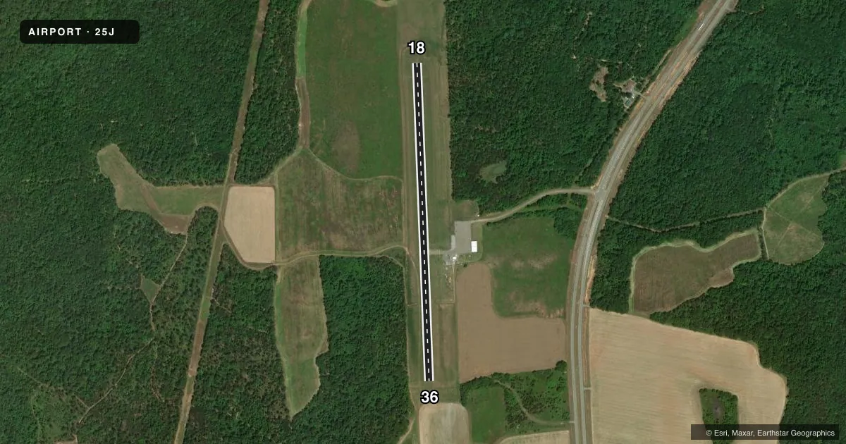 Top-down satellite sketch of 25J RANDOLPH COUNTY in CUTHBERT, GEORGIA, showing runways 18/36 drawn to scale over Esri World Imagery