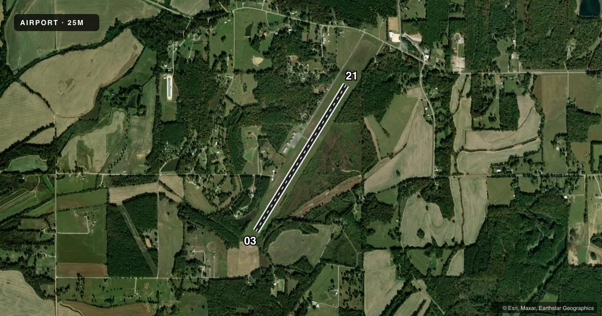 Top-down satellite sketch of 25M RIPLEY in RIPLEY, MISSISSIPPI, showing runways 03/21 drawn to scale over Esri World Imagery