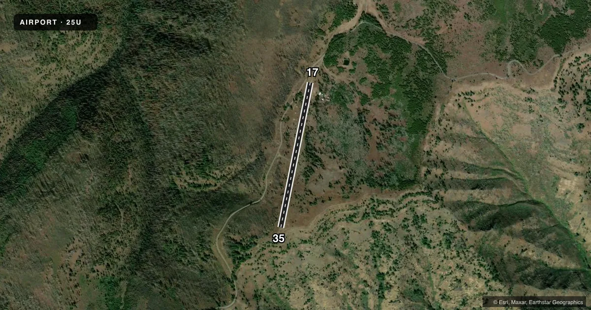 Top-down satellite sketch of 25U MEMALOOSE USFS in IMNAHA, OREGON, showing runways 17/35 drawn to scale over Esri World Imagery