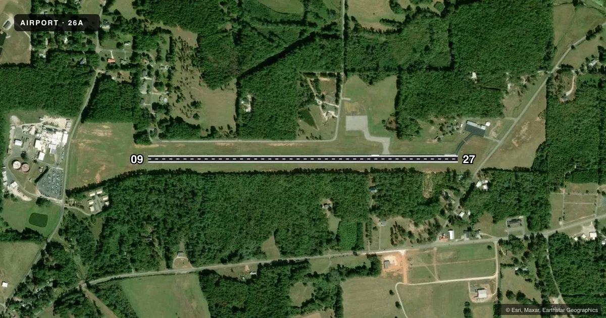 Top-down satellite sketch of 26A ASHLAND/LINEVILLE in ASHLAND/LINEVILLE, ALABAMA, showing runways 09/27 drawn to scale over Esri World Imagery