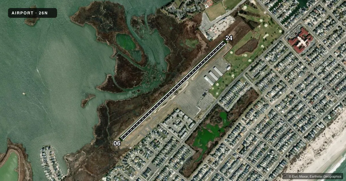 Top-down satellite sketch of 26N OCEAN CITY MUNI in OCEAN CITY, NEW JERSEY, showing runways 06/24 drawn to scale over Esri World Imagery