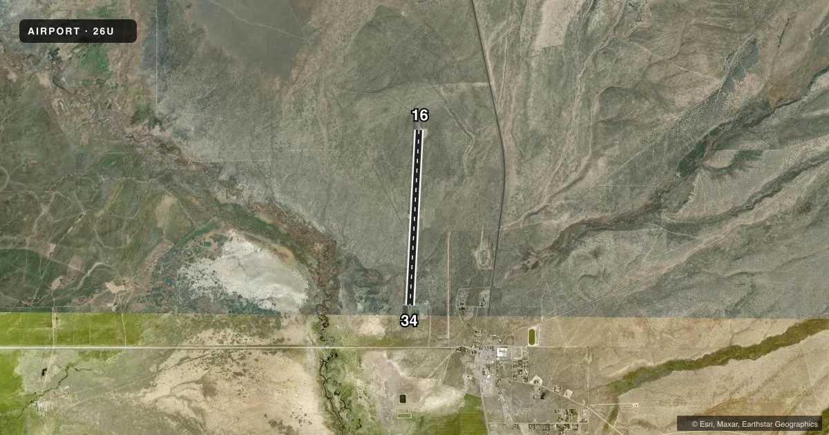 Top-down satellite sketch of 26U MC DERMITT STATE in MC DERMITT, OREGON, showing runways 16/34 drawn to scale over Esri World Imagery