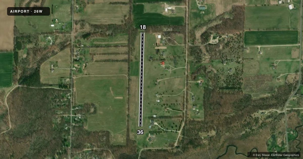 Top-down satellite sketch of 26W WOLF LAKE in NAPOLEON, MICHIGAN, showing runways 18/36 drawn to scale over Esri World Imagery