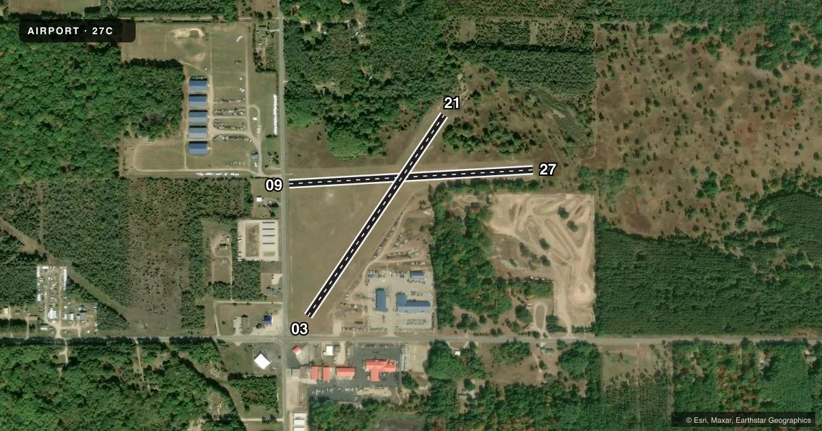 Top-down satellite sketch of 27C MECOSTA MORTON in MECOSTA, MICHIGAN, showing runways 09/27, 03/21 drawn to scale over Esri World Imagery