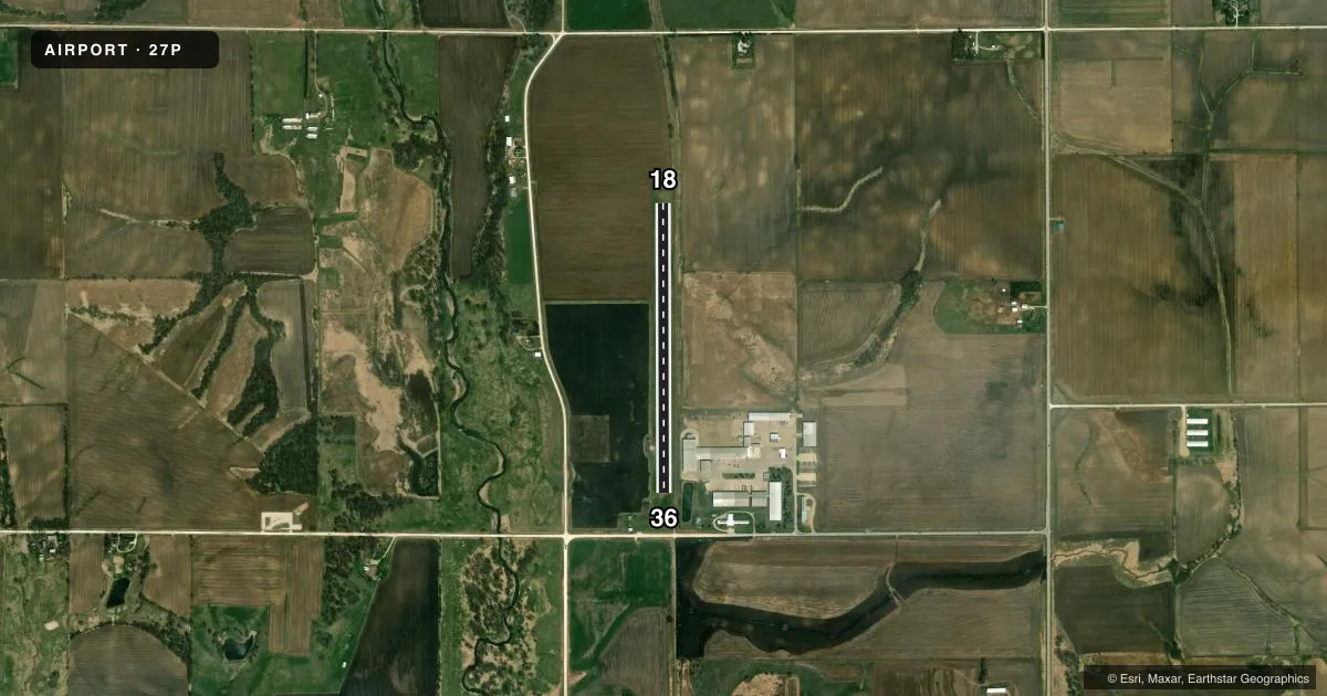 Top-down satellite sketch of 27P ELDORA in ELDORA, IOWA, showing runways 18/36 drawn to scale over Esri World Imagery