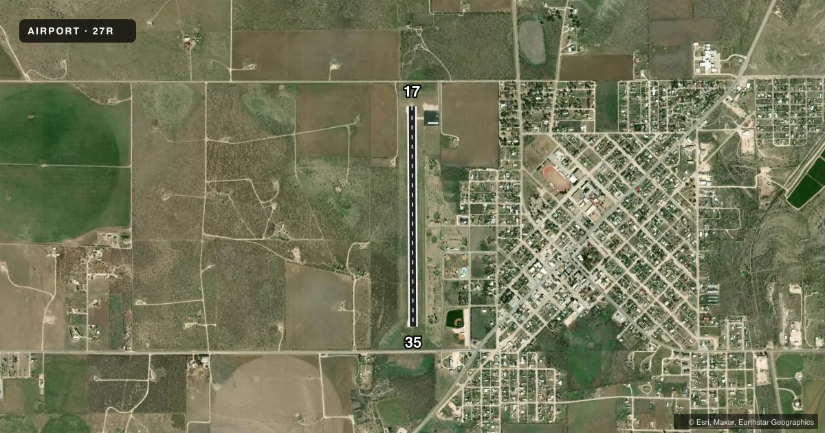 Top-down satellite sketch of 27R ELDORADO in ELDORADO, TEXAS, showing runways 17/35 drawn to scale over Esri World Imagery