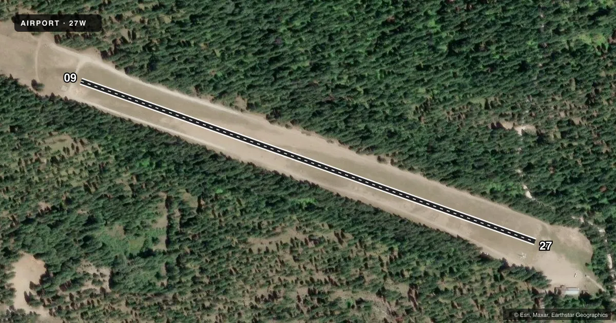 Top-down satellite sketch of 27W LAKE WENATCHEE STATE in LEAVENWORTH, WASHINGTON, showing runways 09/27 drawn to scale over Esri World Imagery