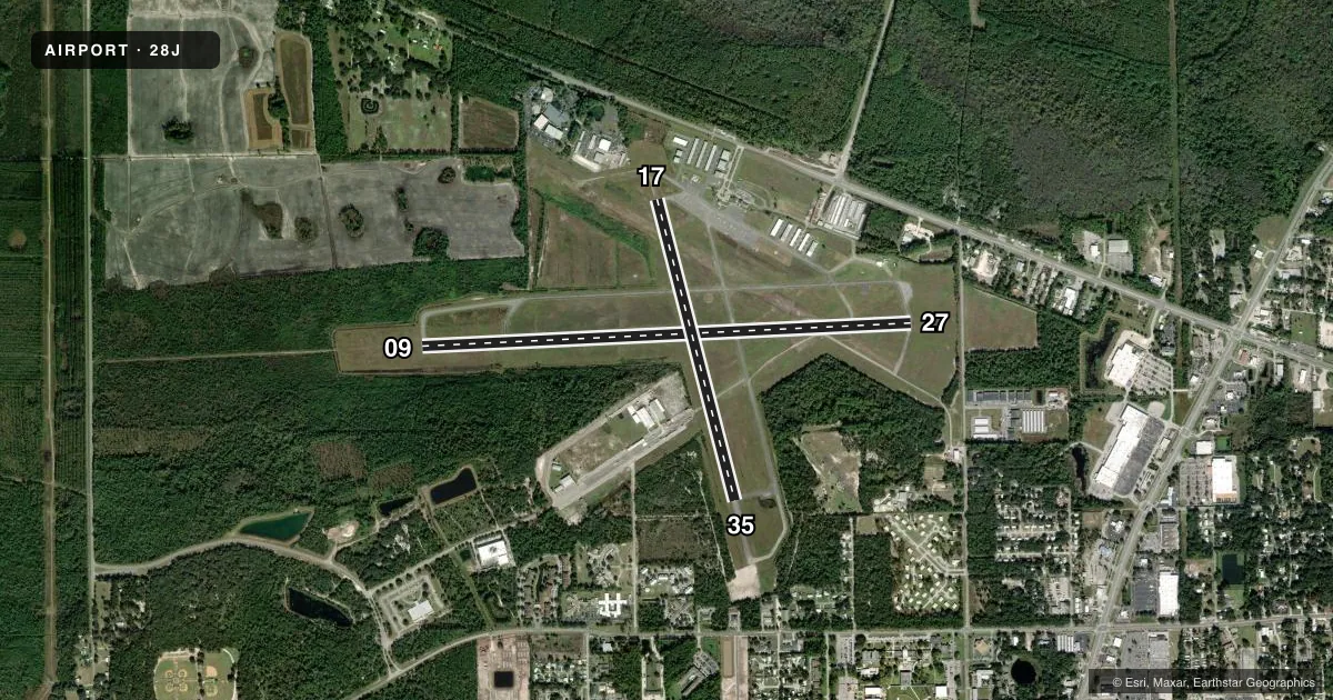 Top-down satellite sketch of 28J PALATKA MUNI/LT KAY LARKIN FLD in PALATKA, FLORIDA, showing runways 09/27, 17/35 drawn to scale over Esri World Imagery