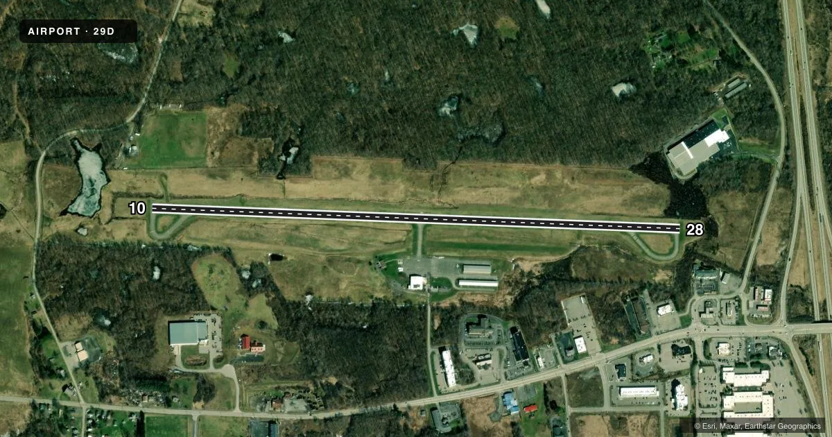 Top-down satellite sketch of 29D GROVE CITY in GROVE CITY, PENNSYLVANIA, showing runways 10/28 drawn to scale over Esri World Imagery