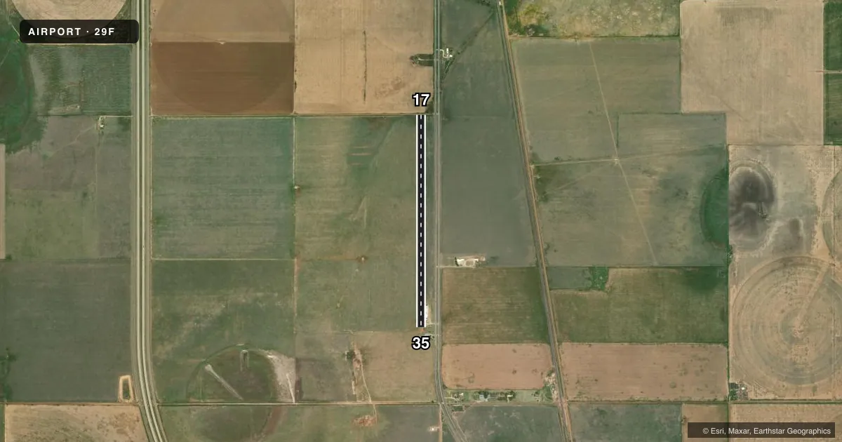 Top-down satellite sketch of 29F JOE VAUGHN SPRAYING in KRESS, TEXAS, showing runways 17/35 drawn to scale over Esri World Imagery