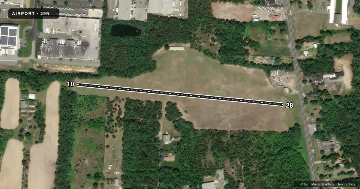 Top-down satellite sketch of 29N KROELINGER in VINELAND, NEW JERSEY, showing runways 10/28 drawn to scale over Esri World Imagery