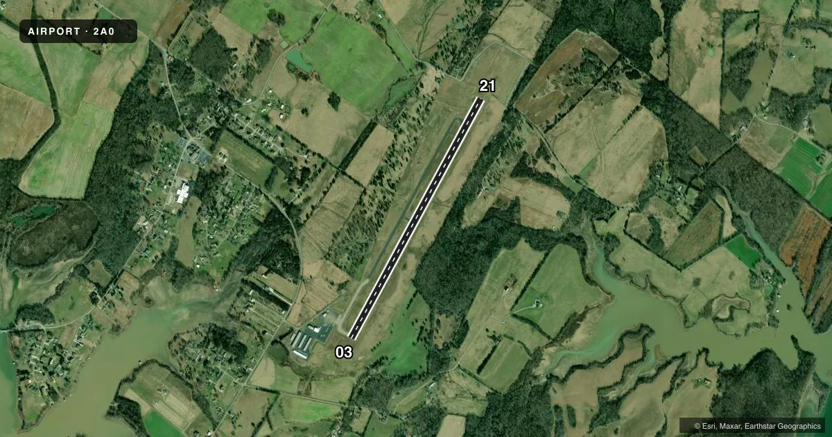 Top-down satellite sketch of 2A0 MARK ANTON in DAYTON, TENNESSEE, showing runways 03/21 drawn to scale over Esri World Imagery