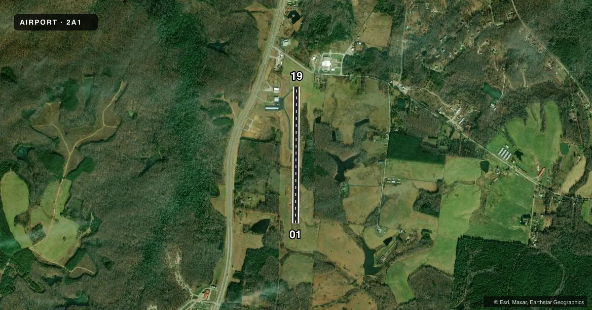 Top-down satellite sketch of 2A1 JAMESTOWN MUNI in JAMESTOWN, TENNESSEE, showing runways 01/19 drawn to scale over Esri World Imagery
