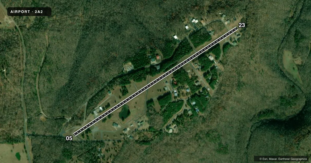 Top-down satellite sketch of 2A2 HOLLEY MOUNTAIN AIRPARK in CLINTON, ARKANSAS, showing runways 05/23 drawn to scale over Esri World Imagery