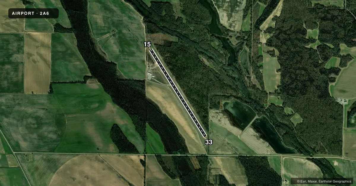 Top-down satellite sketch of 2A6 HOLLY GROVE MUNI in HOLLY GROVE, ARKANSAS, showing runways 15/33 drawn to scale over Esri World Imagery