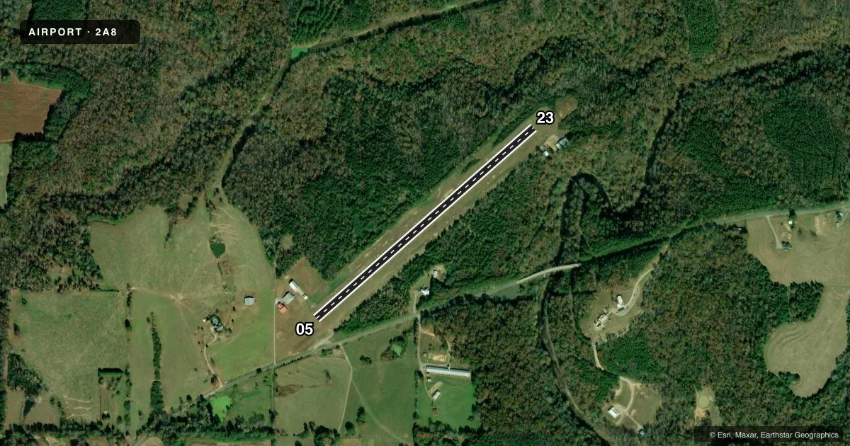Top-down satellite sketch of 2A8 ADDISON MUNI in ADDISON, ALABAMA, showing runways 05/23 drawn to scale over Esri World Imagery