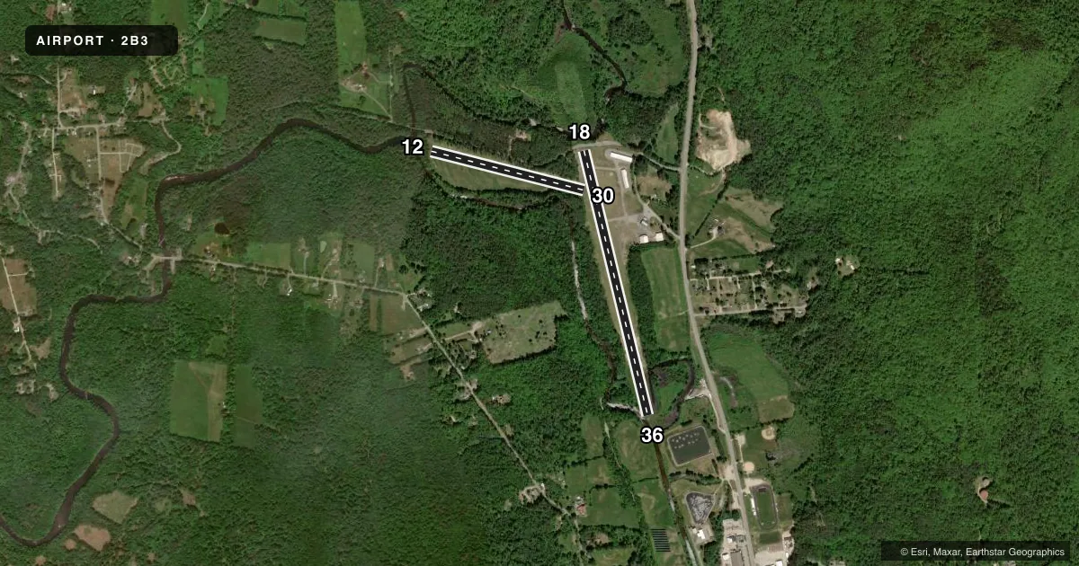 Top-down satellite sketch of 2B3 PARLIN FLD in NEWPORT, NEW HAMPSHIRE, showing runways 18/36, 12/30 drawn to scale over Esri World Imagery