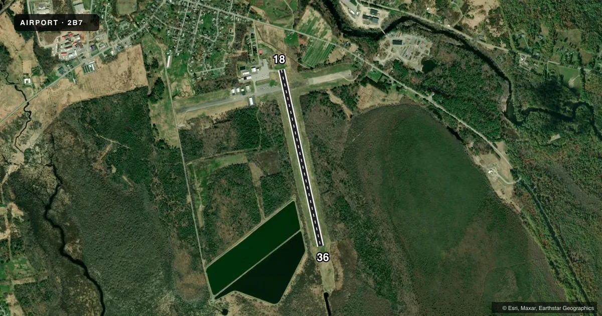Top-down satellite sketch of 2B7 PITTSFIELD MUNI in PITTSFIELD, MAINE, showing runways 18/36 drawn to scale over Esri World Imagery