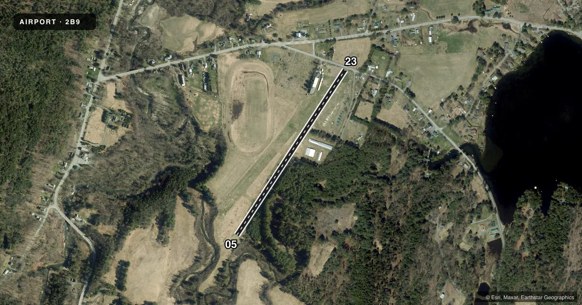 Top-down satellite sketch of 2B9 POST MILLS in POST MILLS, VERMONT, showing runways 05/23 drawn to scale over Esri World Imagery