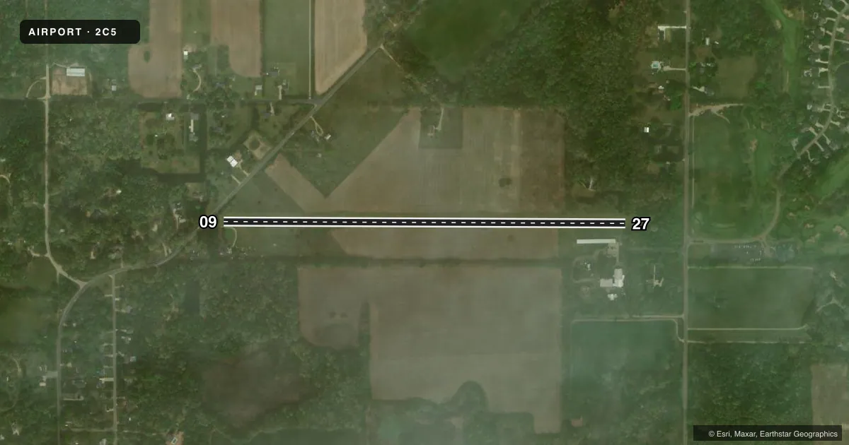 Top-down satellite sketch of 2C5 ALMENA in PAW PAW, MICHIGAN, showing runways 09/27 drawn to scale over Esri World Imagery