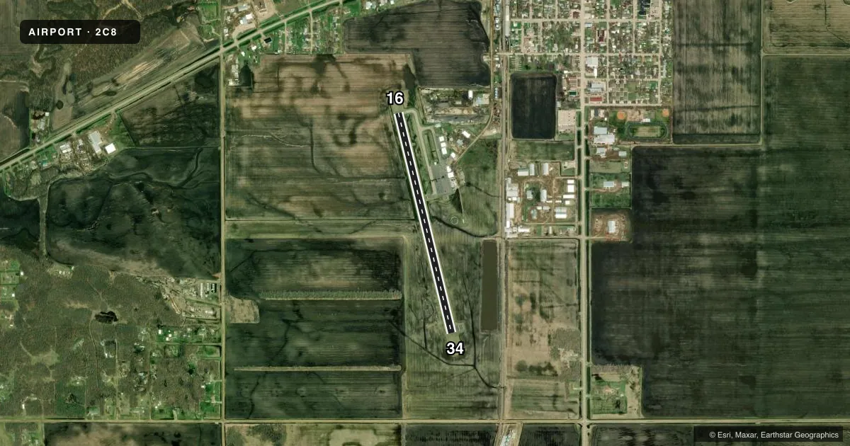Top-down satellite sketch of 2C8 CAVALIER MUNI in CAVALIER, NORTH DAKOTA, showing runways 16/34 drawn to scale over Esri World Imagery