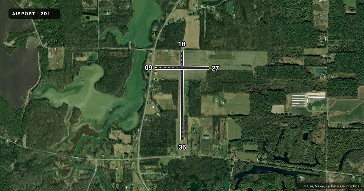 Top-down satellite sketch of 2D1 LEE FLD in ALLIANCE, OHIO, showing runways 18/36, 09/27 drawn to scale over Esri World Imagery
