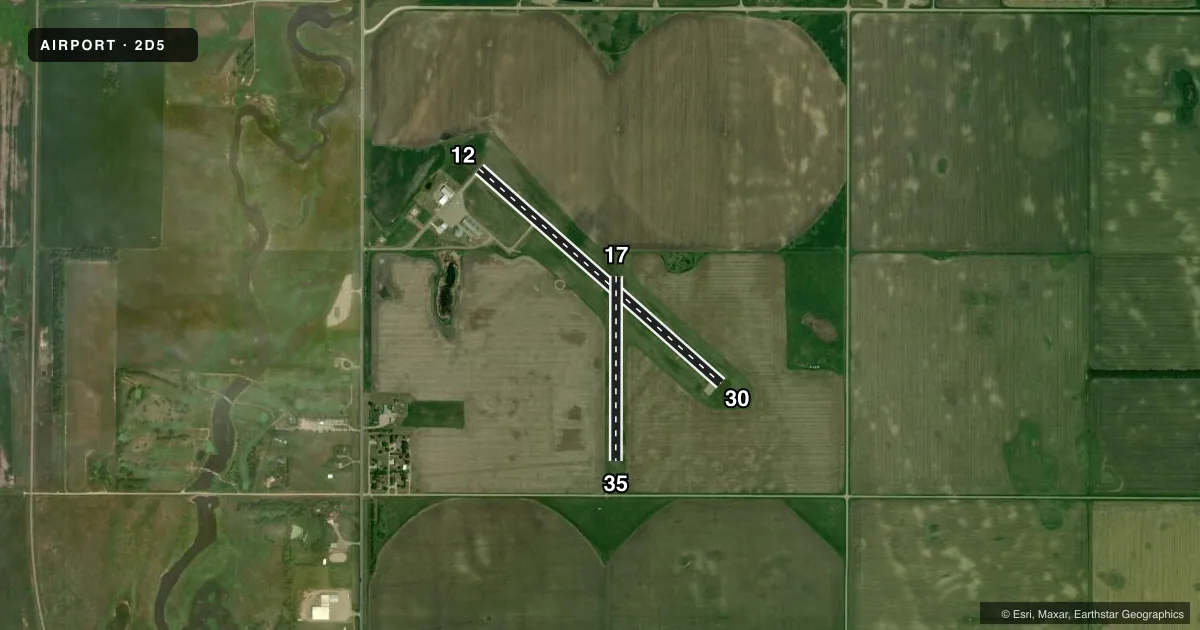 Top-down satellite sketch of 2D5 OAKES MUNI in OAKES, NORTH DAKOTA, showing runways 12/30, 17/35 drawn to scale over Esri World Imagery