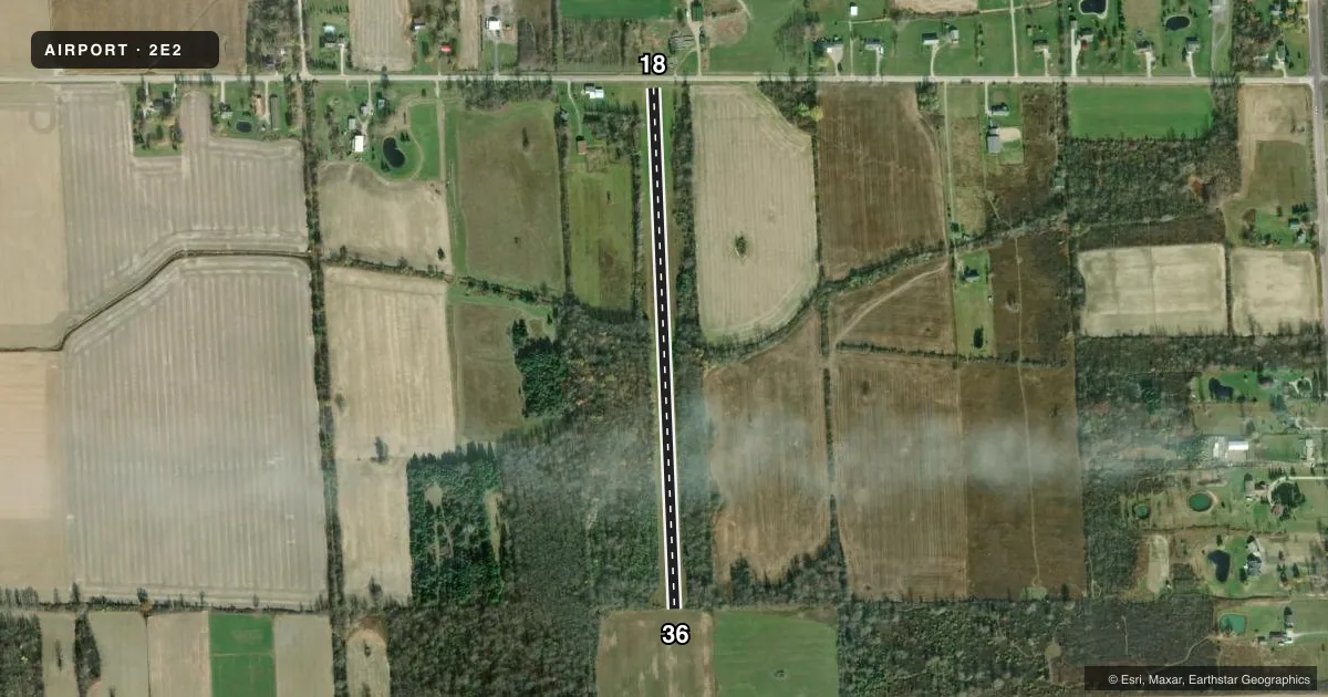 Top-down satellite sketch of 2E2 SHARPE'S STRIP in EMMETT, MICHIGAN, showing runways 18/36 drawn to scale over Esri World Imagery