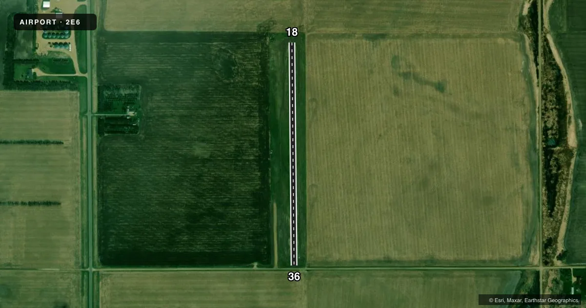 Top-down satellite sketch of 2E6 GROTON MUNI in GROTON, SOUTH DAKOTA, showing runways 18/36 drawn to scale over Esri World Imagery