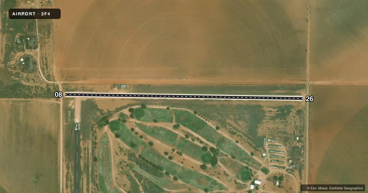 Top-down satellite sketch of 2F4 T-BAR in TAHOKA, TEXAS, showing runways 08/26 drawn to scale over Esri World Imagery