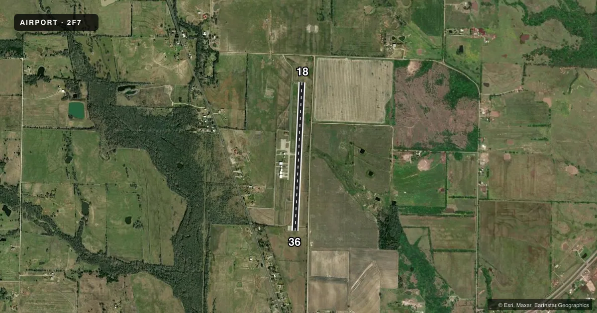 Top-down satellite sketch of 2F7 COMMERCE MUNI in COMMERCE, TEXAS, showing runways 18/36 drawn to scale over Esri World Imagery
