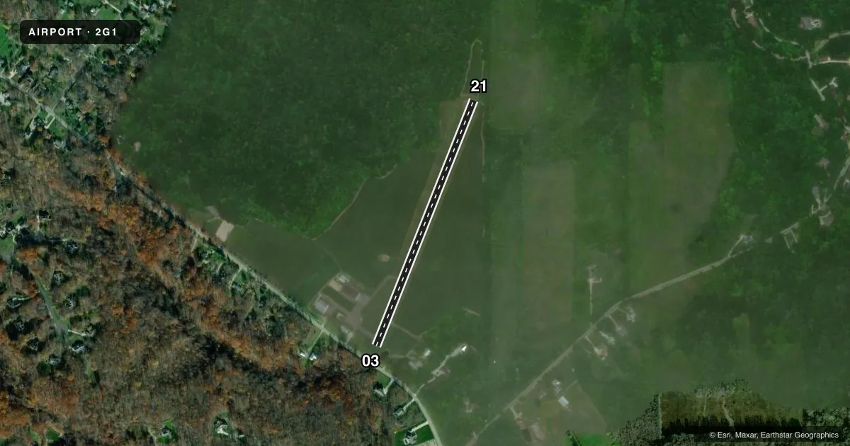 Top-down satellite sketch of 2G1 CONCORD AIRPARK in PAINESVILLE, OHIO, showing runways 03/21 drawn to scale over Esri World Imagery