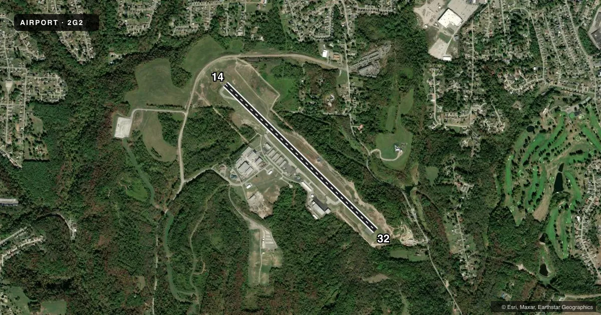 Top-down satellite sketch of 2G2 GEARY A BATES/JEFFERSON COUNTY AIRPARK in STEUBENVILLE, OHIO, showing runways 14/32 drawn to scale over Esri World Imagery