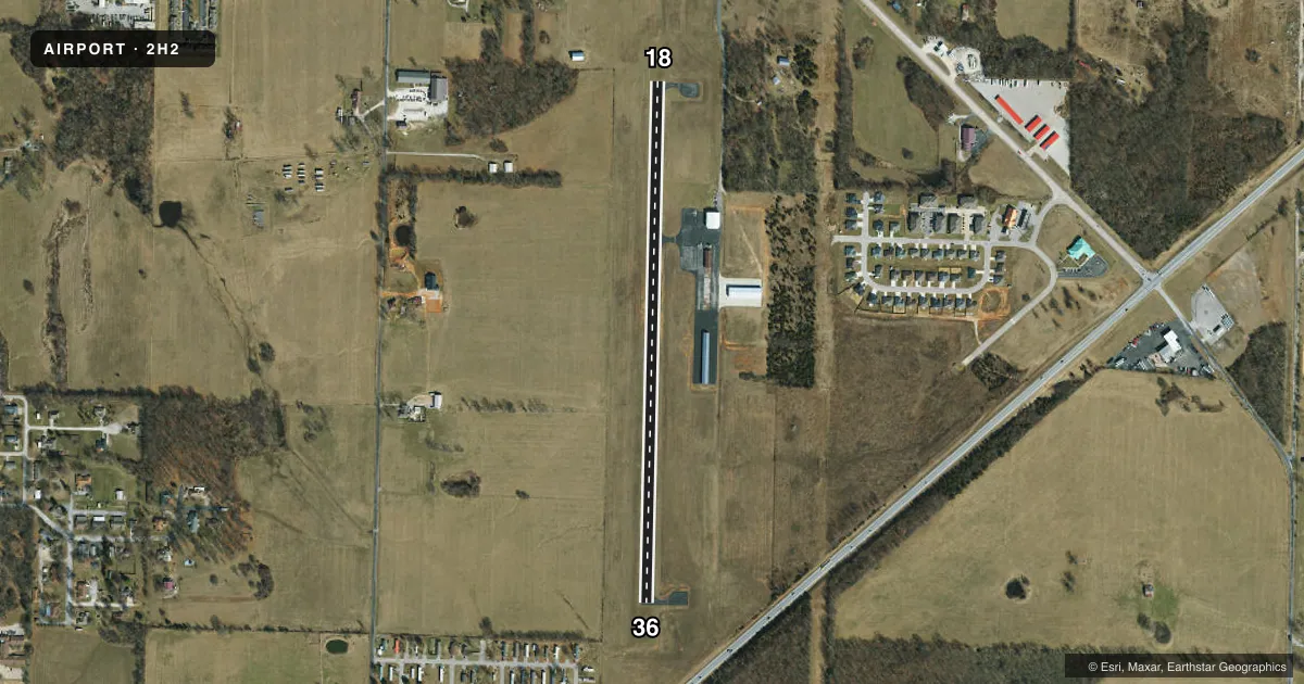 Top-down satellite sketch of 2H2 JERRY SUMNERS SR AURORA MUNI in AURORA, MISSOURI, showing runways 18/36 drawn to scale over Esri World Imagery