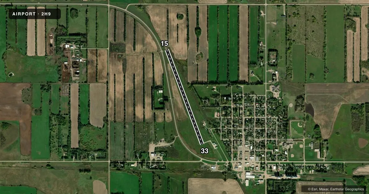 Top-down satellite sketch of 2H9 ROLETTE in ROLETTE, NORTH DAKOTA, showing runways 15/33 drawn to scale over Esri World Imagery