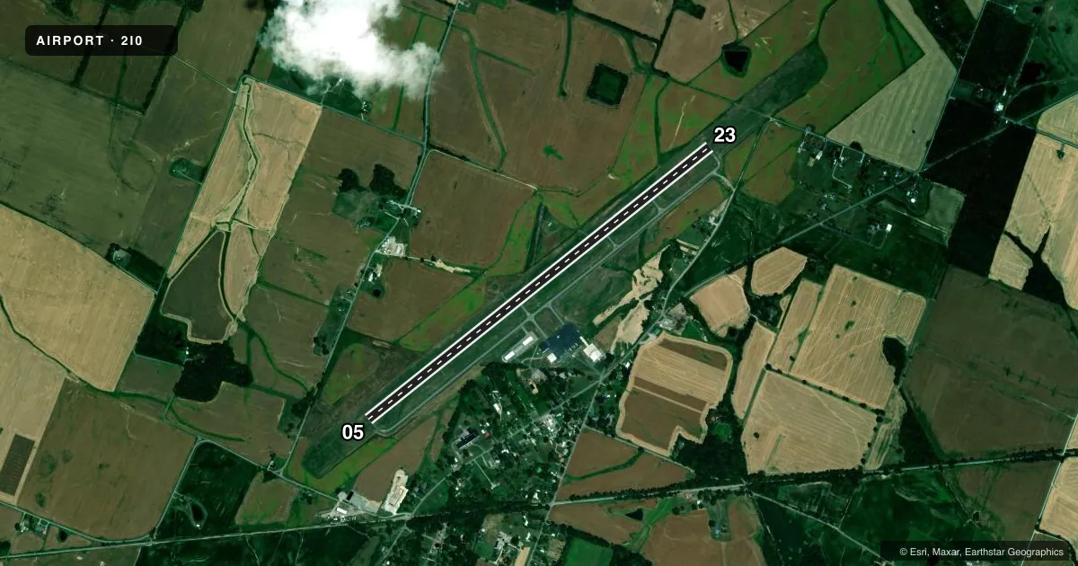 Top-down satellite sketch of 2I0 MADISONVILLE RGNL in MADISONVILLE, KENTUCKY, showing runways 05/23 drawn to scale over Esri World Imagery