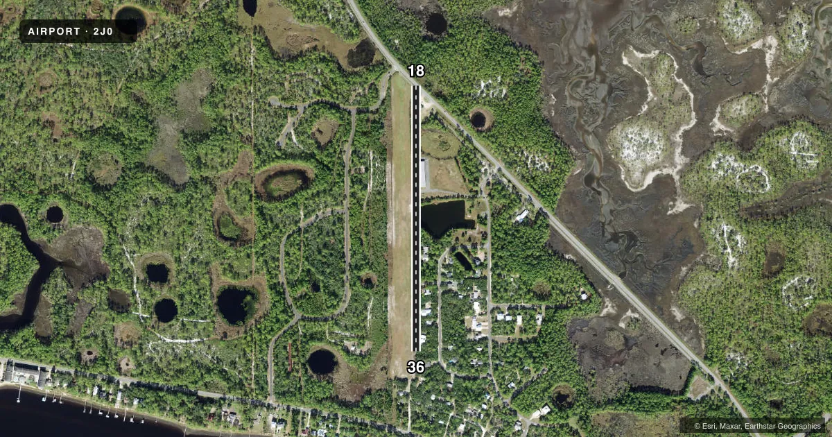 Top-down satellite sketch of 2J0 WAKULLA COUNTY in PANACEA, FLORIDA, showing runways 18/36 drawn to scale over Esri World Imagery