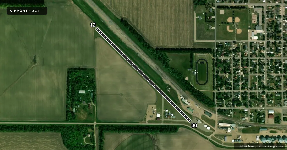 Top-down satellite sketch of 2L1 LARIMORE MUNI in LARIMORE, NORTH DAKOTA, showing runways 12/30 drawn to scale over Esri World Imagery