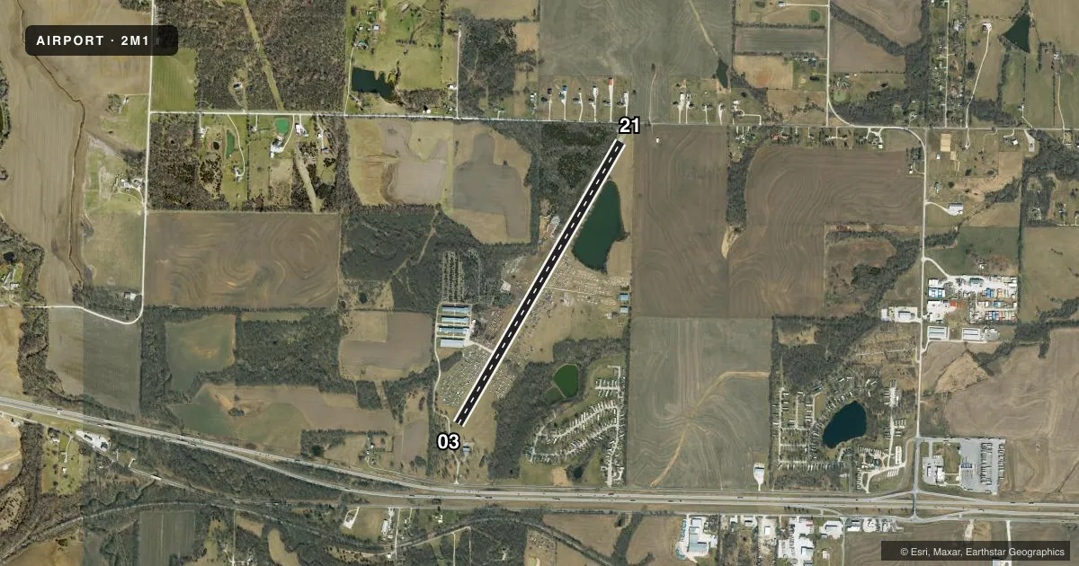 Top-down satellite sketch of 2M1 HARRY S TRUMAN RGNL in BATES CITY, MISSOURI, showing runways 03/21 drawn to scale over Esri World Imagery
