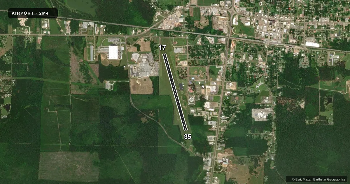Top-down satellite sketch of 2M4 G V MONTGOMERY in FOREST, MISSISSIPPI, showing runways 17/35 drawn to scale over Esri World Imagery