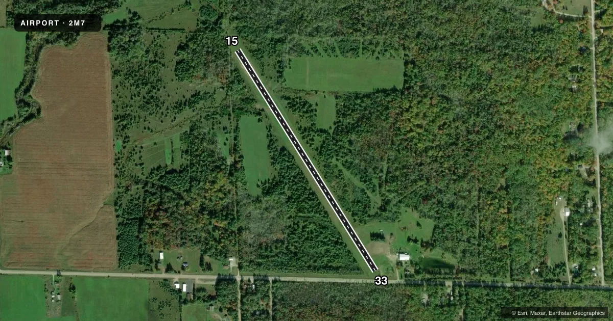 Top-down satellite sketch of 2M7 HOFFMAN'S BLACK MOUNTAIN AERODROME in CHEBOYGAN, MICHIGAN, showing runways 15/33 drawn to scale over Esri World Imagery