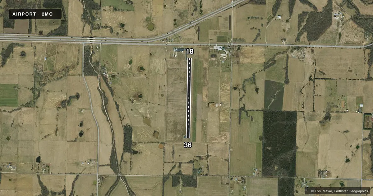 Top-down satellite sketch of 2MO MOUNT VERNON MUNI in MOUNT VERNON, MISSOURI, showing runways 18/36 drawn to scale over Esri World Imagery