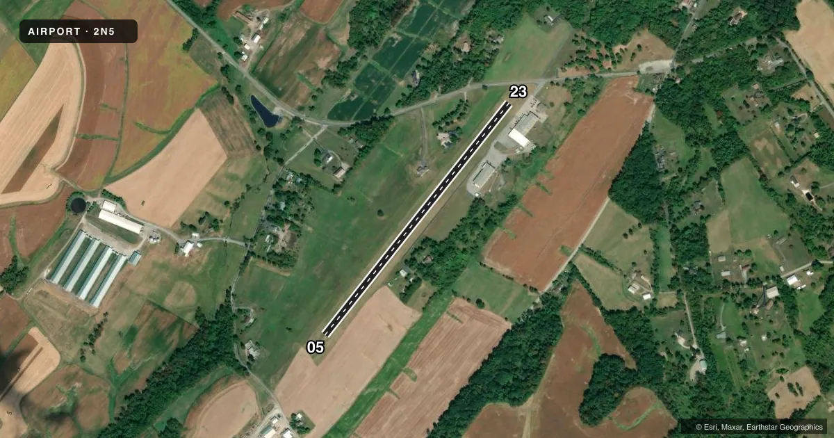 Top-down satellite sketch of 2N5 KAMPEL in WELLSVILLE, PENNSYLVANIA, showing runways 05/23 drawn to scale over Esri World Imagery