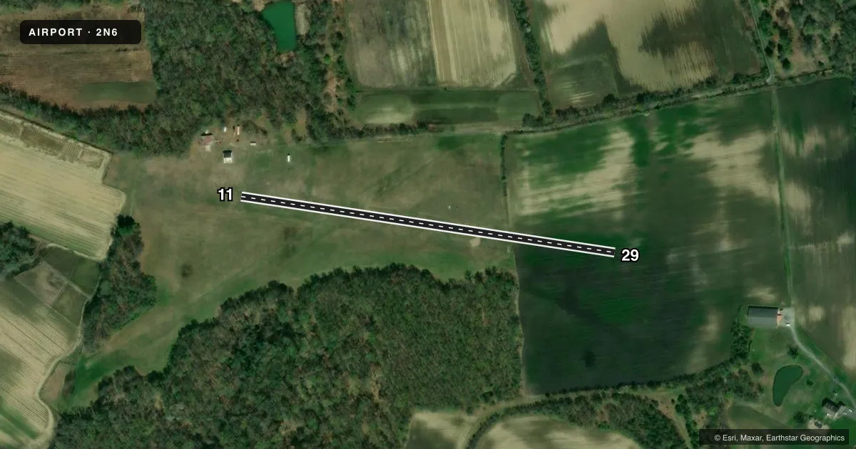 Top-down satellite sketch of 2N6 REDWING in JOBSTOWN, NEW JERSEY, showing runways 11/29 drawn to scale over Esri World Imagery