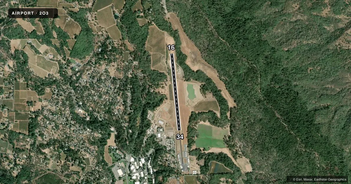 Top-down satellite sketch of 2O3 ANGWIN-PARRETT FLD in ANGWIN, CALIFORNIA, showing runways 16/34 drawn to scale over Esri World Imagery