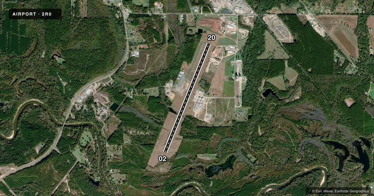 Top-down satellite sketch of 2R0 WAYNESBORO MUNI in WAYNESBORO, MISSISSIPPI, showing runways 02/20 drawn to scale over Esri World Imagery
